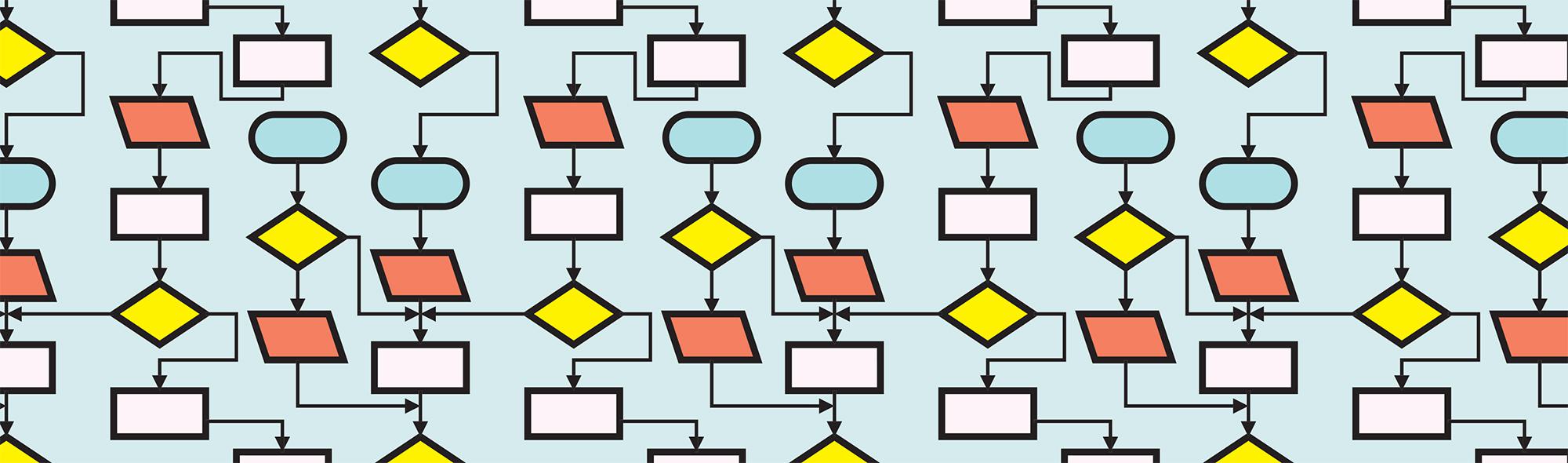 Bold, graphic workflow chart pattern with decision-making paths using simple shapes.